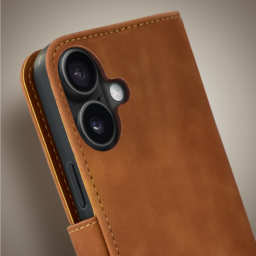 Etui do iPhone 17 książkowe Velvet Touch, aksamitne, portfelowe z zamknięciem, brązowe (7)