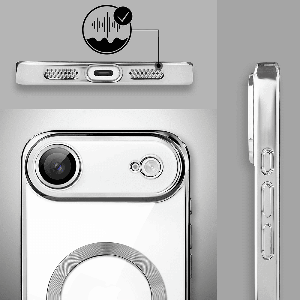 Etui do iPhone Air MagSafe Luxury Protect przeźroczyste, hybrydowa ochrona kamery, srebrne nowe1