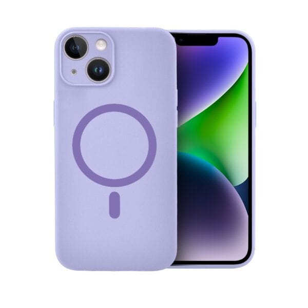 Etui do iPhone 14 Plus, silikonowe z MagSafe, mikrofibra soft touch z osłoną na aparat, fioletowe liliowe