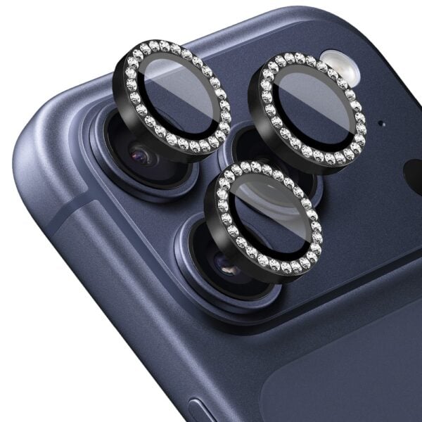 Luksusowa diamentowa osłona obiektywów, szkło na aparat iPhone 17 Pro Max, czarna
