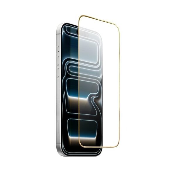 Szkło hartowane 9H do iPhone 17 Pro Max, twarde wzmocnione z metalizowaną złotą ramką (1)