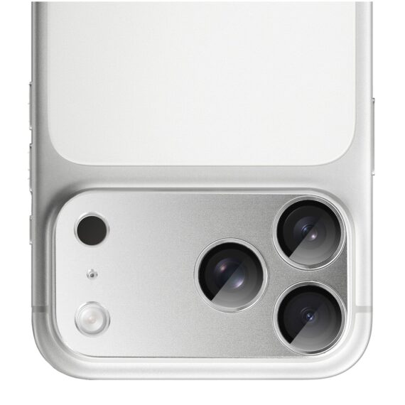 iPhone 17 Pro Max gładka metalowa osłona na cały panel aparatu, wbudowane szkła 9H, srebrna