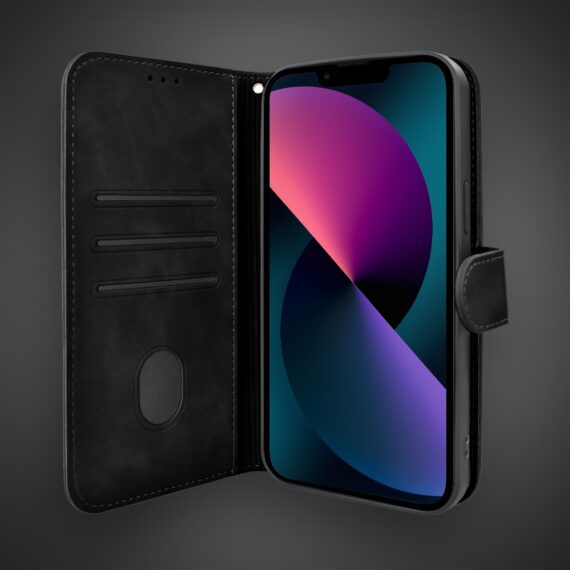 Etui do iPhone 13 książkowe Velvet Touch, aksamitne, portfelowe z zamknięciem, czarne (3)
