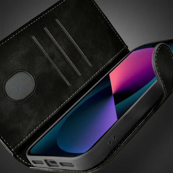 Etui do iPhone 13 książkowe Velvet Touch, aksamitne, portfelowe z zamknięciem, czarne (6)