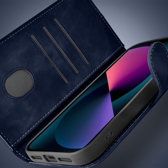 Etui do iPhone 13 książkowe Velvet Touch, aksamitne, portfelowe z zamknięciem, granatowe (6)