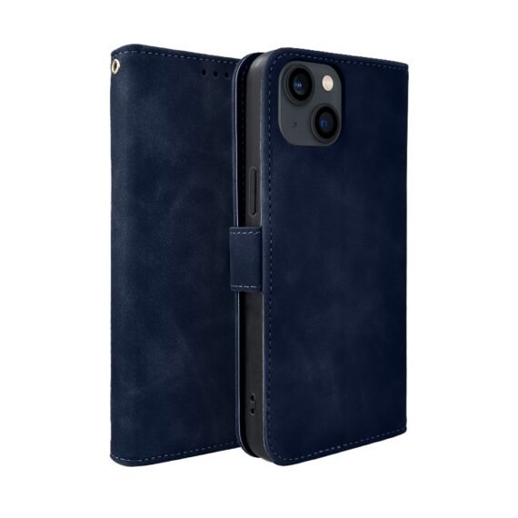 Etui do iPhone 13 książkowe Velvet Touch, aksamitne, portfelowe z zamknięciem, granatowe (8)
