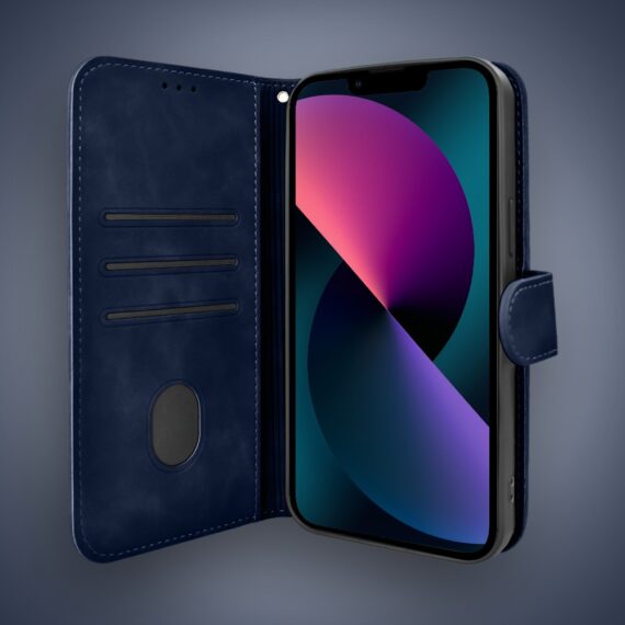 Etui do iPhone 13 książkowe Velvet Touch, aksamitne, portfelowe z zamknięciem, granatowe (9)