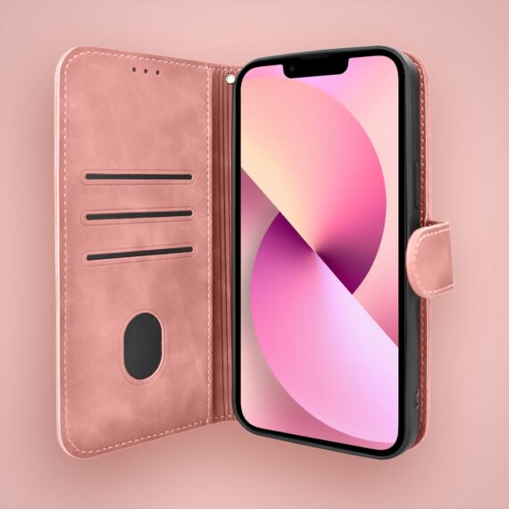 Etui do iPhone 13 książkowe Velvet Touch, aksamitne, portfelowe z zamknięciem, różowe (2)