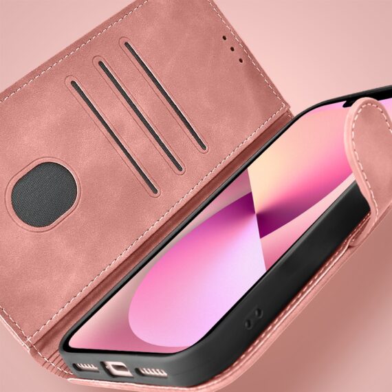 Etui do iPhone 13 książkowe Velvet Touch, aksamitne, portfelowe z zamknięciem, różowe (5)