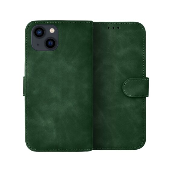 Etui do iPhone 13 książkowe Velvet Touch, aksamitne, portfelowe z zamknięciem, zielone (1)