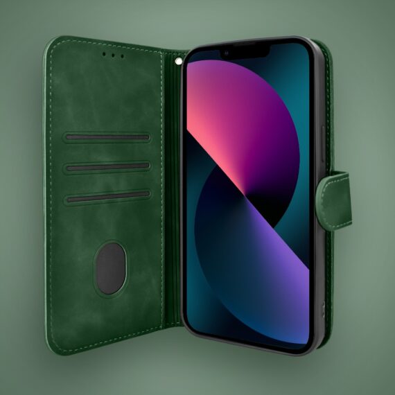 Etui do iPhone 13 książkowe Velvet Touch, aksamitne, portfelowe z zamknięciem, zielone (2)