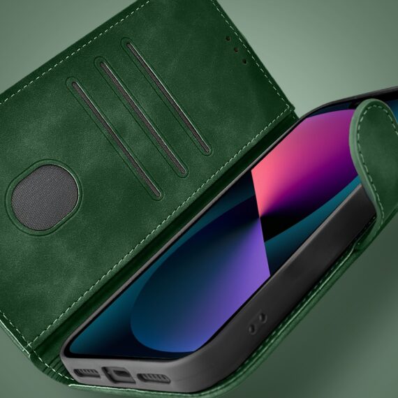 Etui do iPhone 13 książkowe Velvet Touch, aksamitne, portfelowe z zamknięciem, zielone (5)