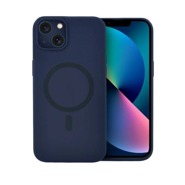 Etui do iPhone 13, silikonowe z MagSafe, mikrofibra soft touch z osłoną na aparat, granatowe