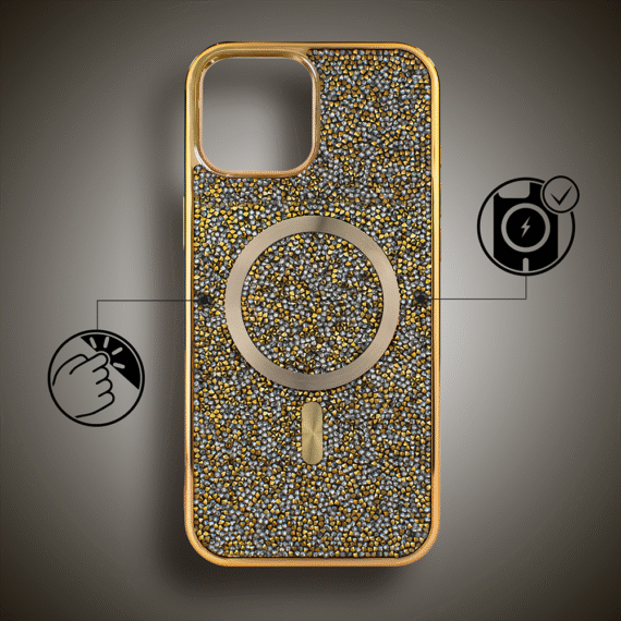 Etui do iPhone 14 MagSafe Tresury Case, diamentowe, z błyszczącą ramką, złote (1)