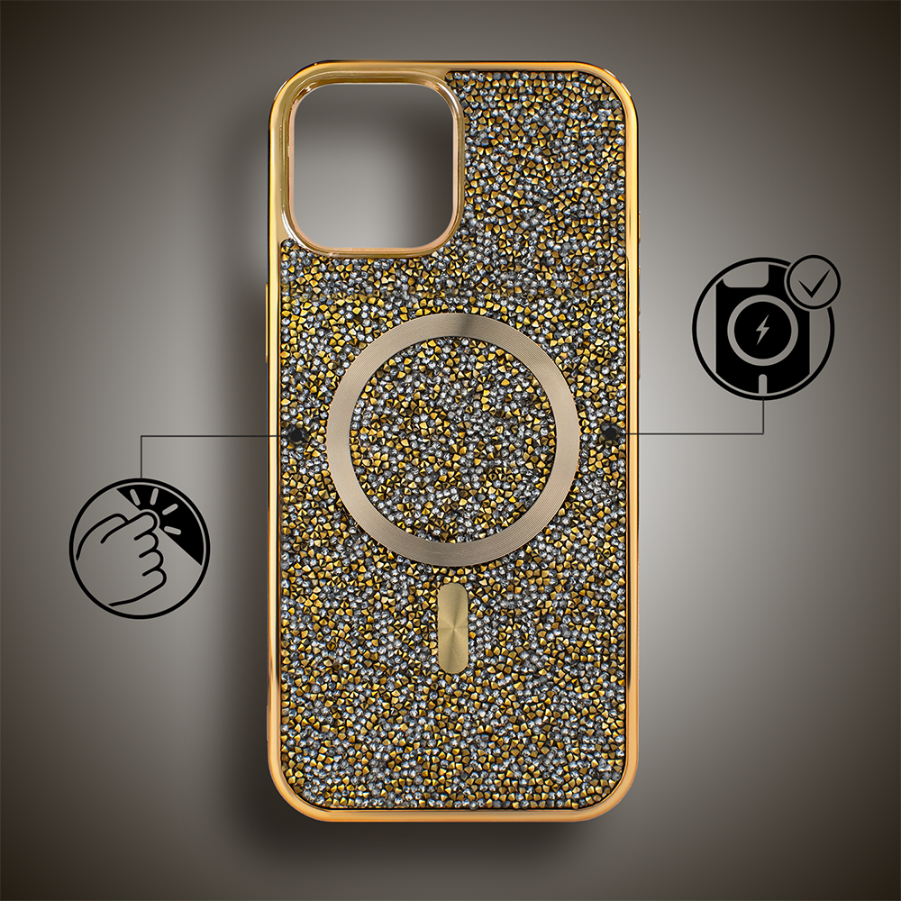 Etui do iPhone 14 MagSafe Tresury Case, diamentowe, z błyszczącą ramką, złote (1)
