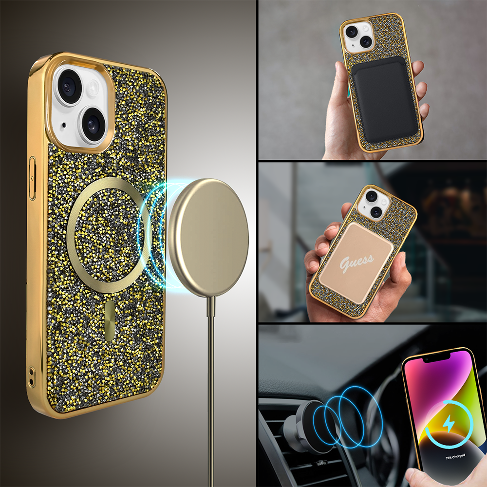Etui do iPhone 14 MagSafe Tresury Case, diamentowe, z błyszczącą ramką, złote (2)