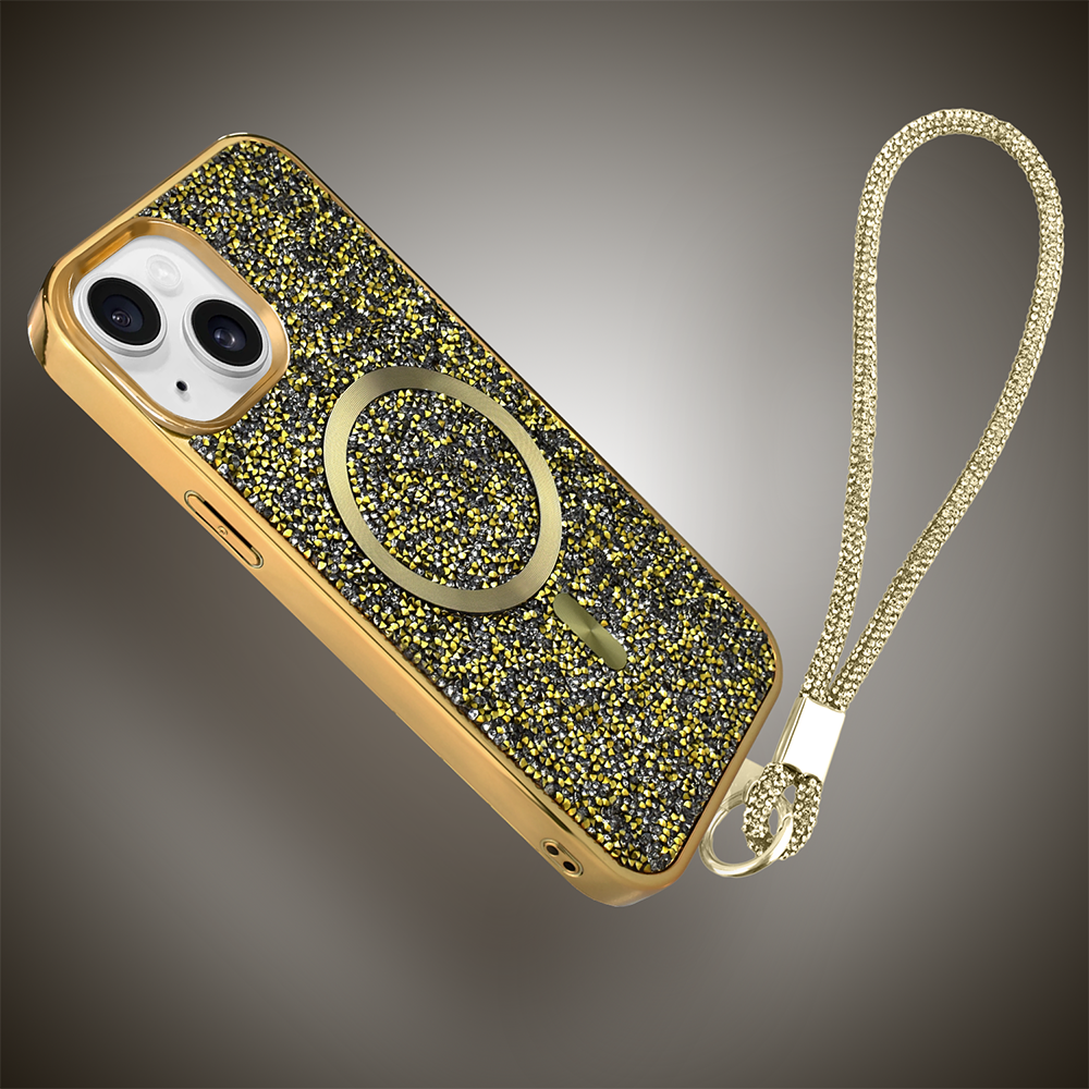 Etui do iPhone 14 MagSafe Tresury Case, diamentowe, z błyszczącą ramką, złote (3)