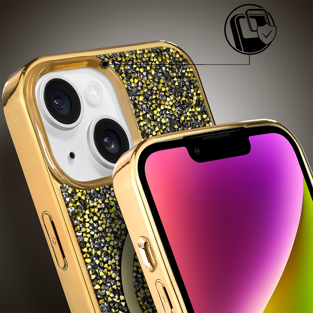 Etui do iPhone 14 MagSafe Tresury Case, diamentowe, z błyszczącą ramką, złote (4)