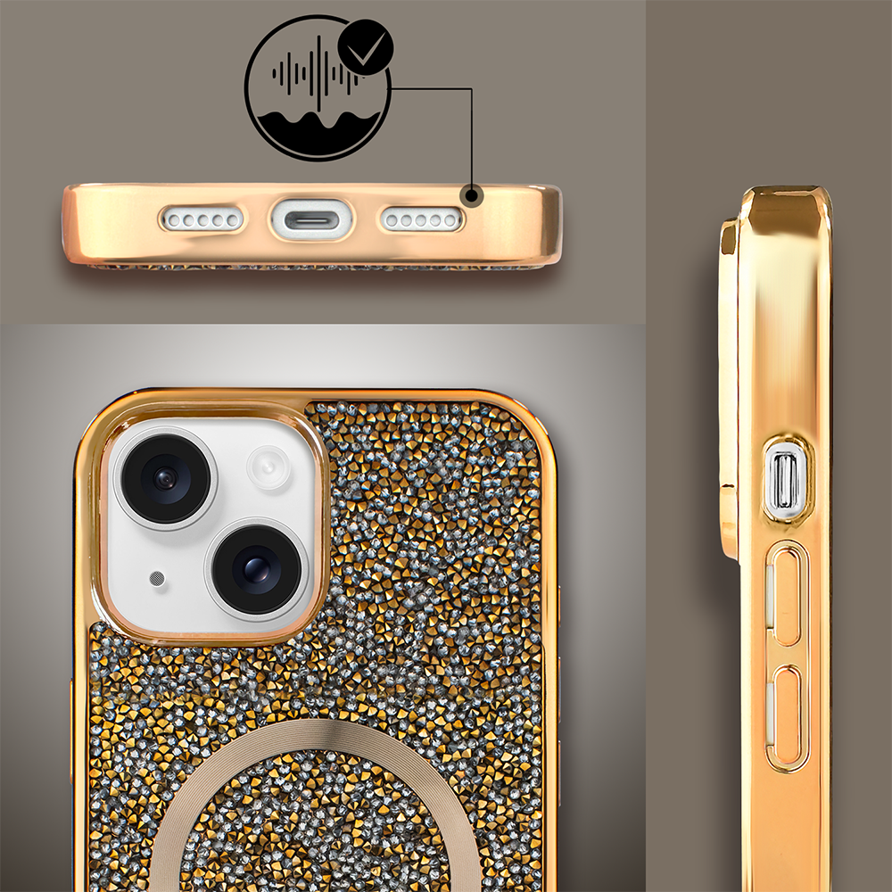 Etui do iPhone 14 MagSafe Tresury Case, diamentowe, z błyszczącą ramką, złote (5)