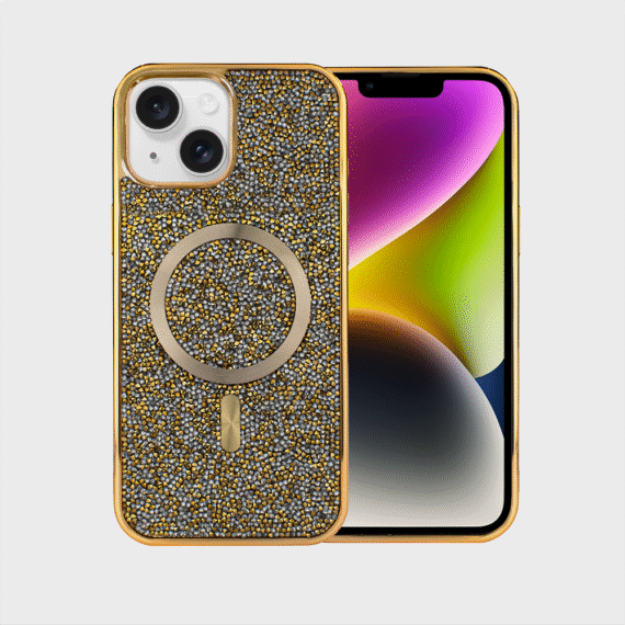 Etui do iPhone 14 MagSafe Tresury Case, diamentowe, z błyszczącą ramką, złote (7)