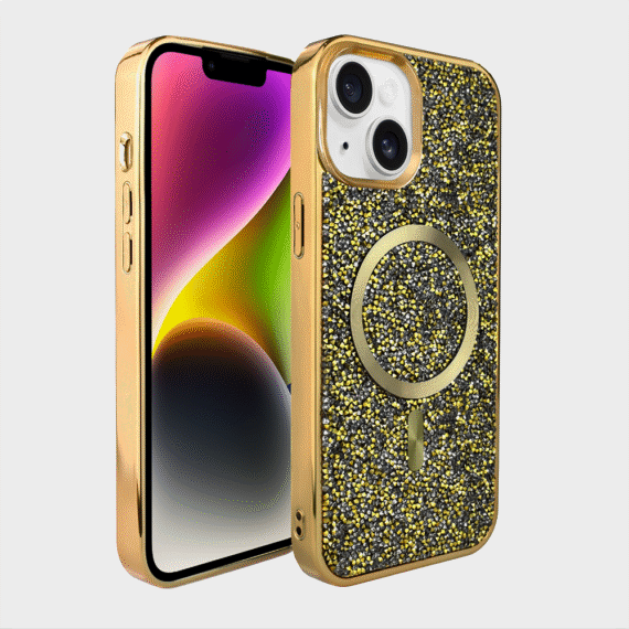 Etui do iPhone 14 MagSafe Tresury Case, diamentowe, z błyszczącą ramką, złote (8)