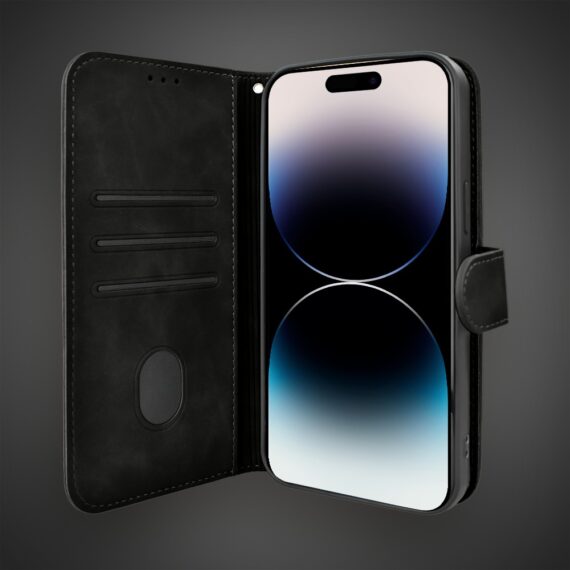 Etui do iPhone 14 Pro książkowe Velvet Touch, aksamitne, portfelowe z zamknięciem, czarne (2)