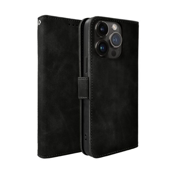 Etui do iPhone 14 Pro książkowe Velvet Touch, aksamitne, portfelowe z zamknięciem, czarne (3)