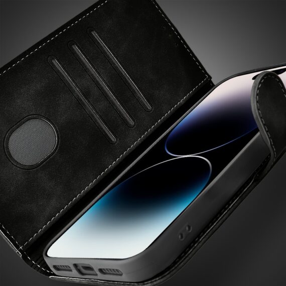 Etui do iPhone 14 Pro książkowe Velvet Touch, aksamitne, portfelowe z zamknięciem, czarne (5)