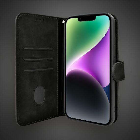Etui do iPhone 14 książkowe Velvet Touch, aksamitne, portfelowe z zamknięciem, czarne (2)