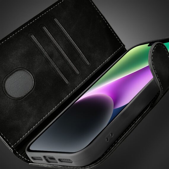 Etui do iPhone 14 książkowe Velvet Touch, aksamitne, portfelowe z zamknięciem, czarne (5)