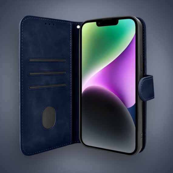 Etui do iPhone 14 książkowe Velvet Touch, aksamitne, portfelowe z zamknięciem, granatowe (2)