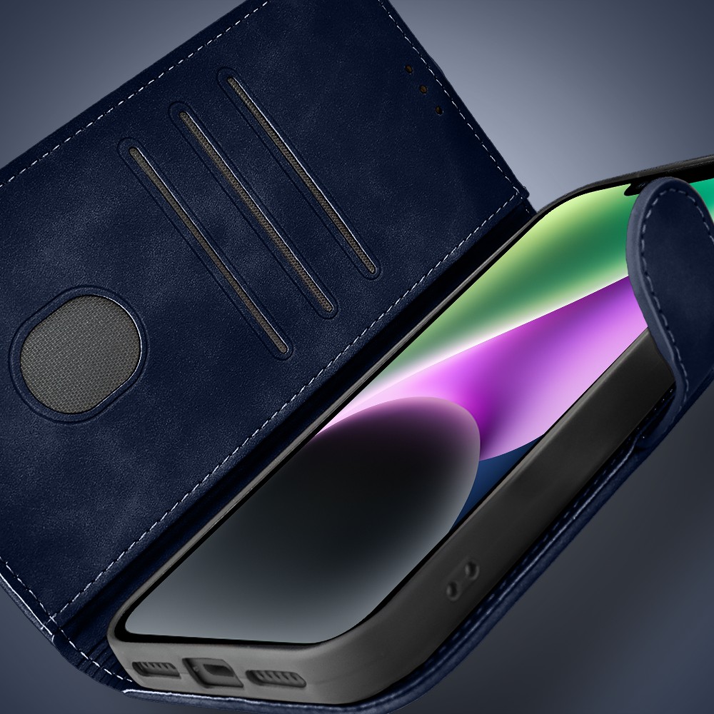 Etui do iPhone 14 książkowe Velvet Touch, aksamitne, portfelowe z zamknięciem, granatowe (5)
