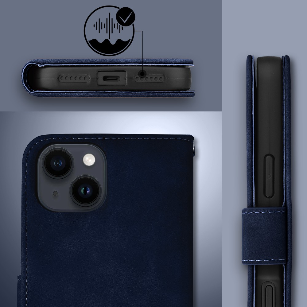 Etui do iPhone 14 książkowe Velvet Touch, aksamitne, portfelowe z zamknięciem, granatowe (8)