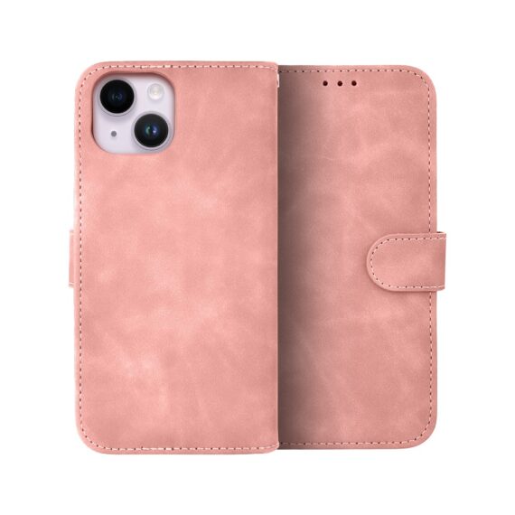 Etui do iPhone 14 książkowe Velvet Touch, aksamitne, portfelowe z zamknięciem, różowe (1)