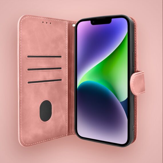 Etui do iPhone 14 książkowe Velvet Touch, aksamitne, portfelowe z zamknięciem, różowe (2)