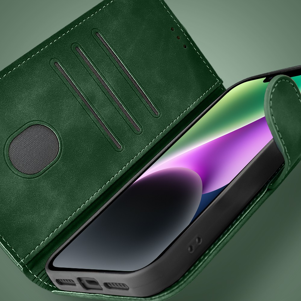 Etui do iPhone 14 książkowe Velvet Touch, aksamitne, portfelowe z zamknięciem, zielone (5)