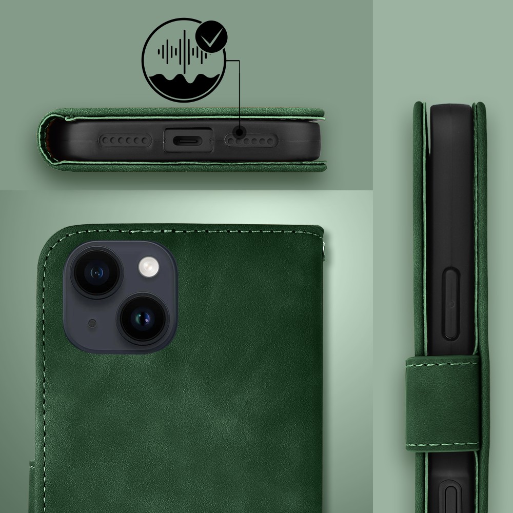 Etui do iPhone 14 książkowe Velvet Touch, aksamitne, portfelowe z zamknięciem, zielone (8)