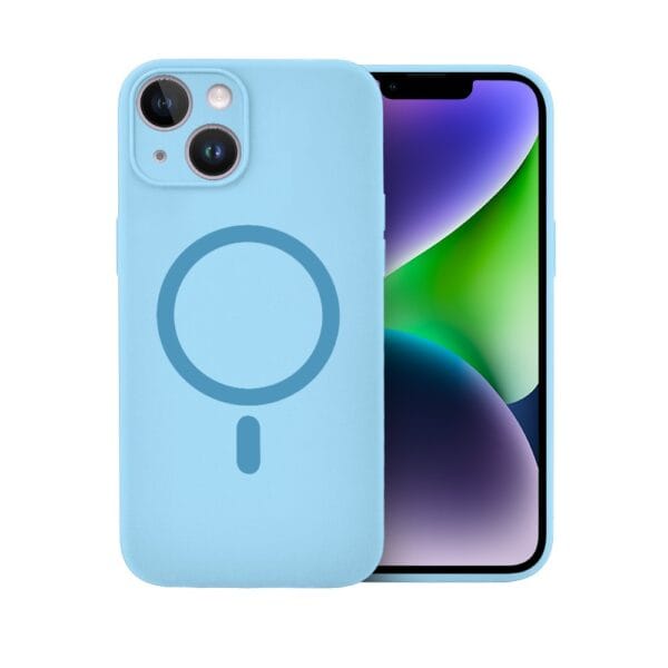 Etui do iPhone 14, silikonowe z MagSafe, mikrofibra soft touch z osłoną na aparat, jasny niebieski