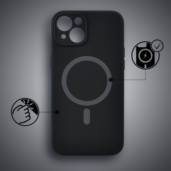Etui do iPhone 14, silikonowe z MagSafe, mikrofibra soft touch z osłoną na aparat, czarne (1)