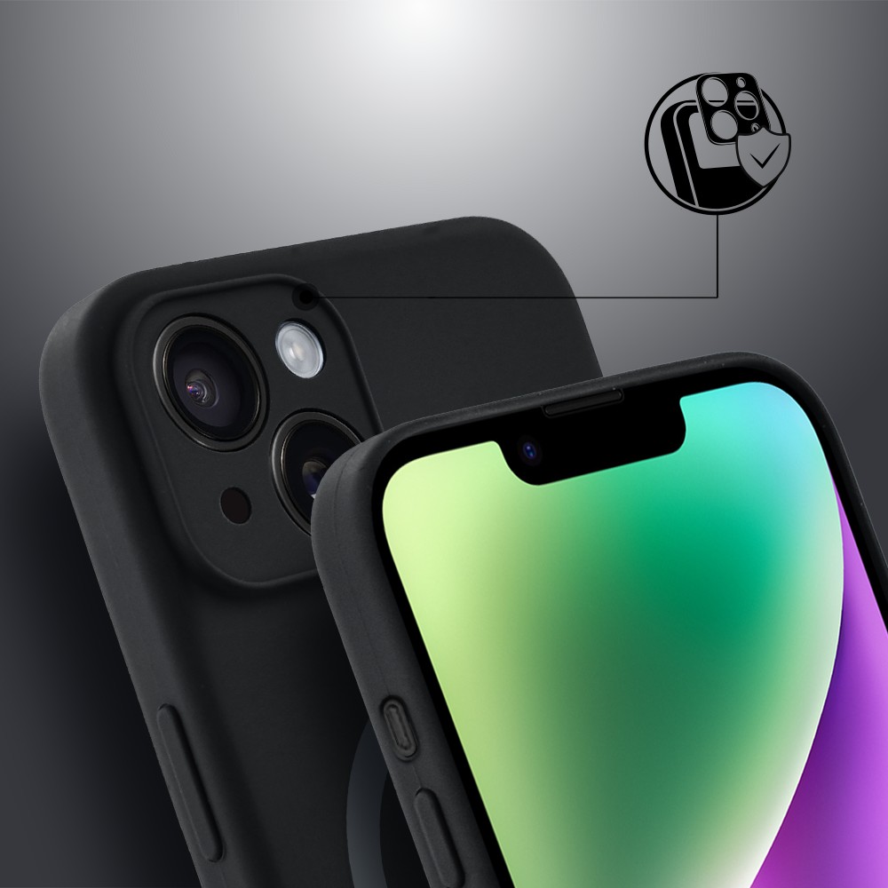 Etui do iPhone 14, silikonowe z MagSafe, mikrofibra soft touch z osłoną na aparat, czarne (4)
