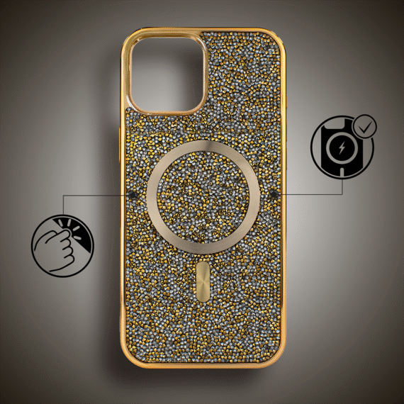 Etui do iPhone 15 MagSafe Tresury Case, diamentowe, z błyszczącą ramką, złote (1)