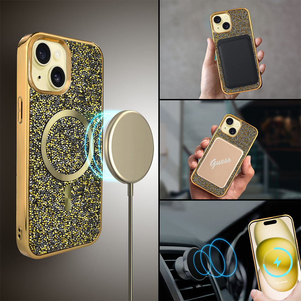 Etui do iPhone 15 MagSafe Tresury Case, diamentowe, z błyszczącą ramką, złote (2)