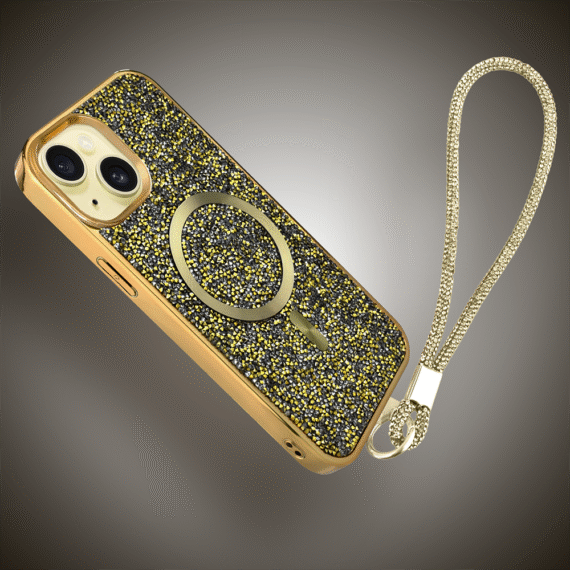 Etui do iPhone 15 MagSafe Tresury Case, diamentowe, z błyszczącą ramką, złote (3)