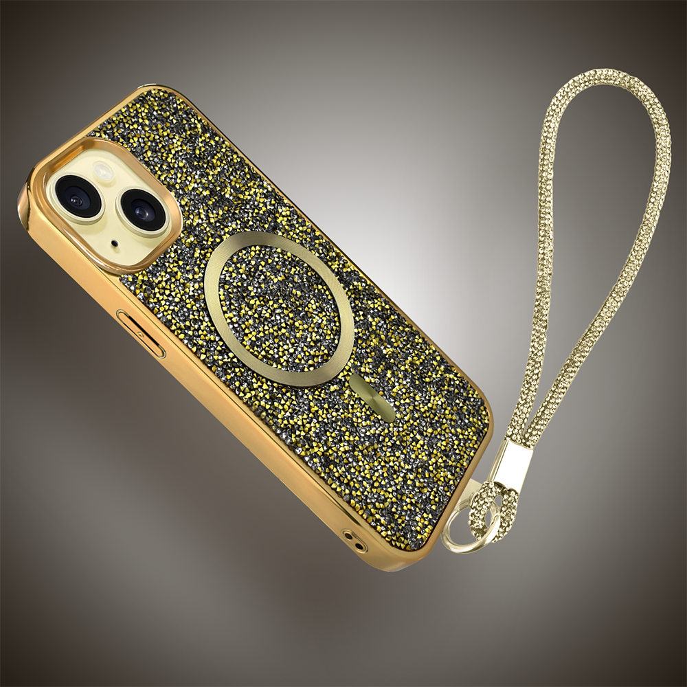 Etui do iPhone 15 MagSafe Tresury Case, diamentowe, z błyszczącą ramką, złote (3)
