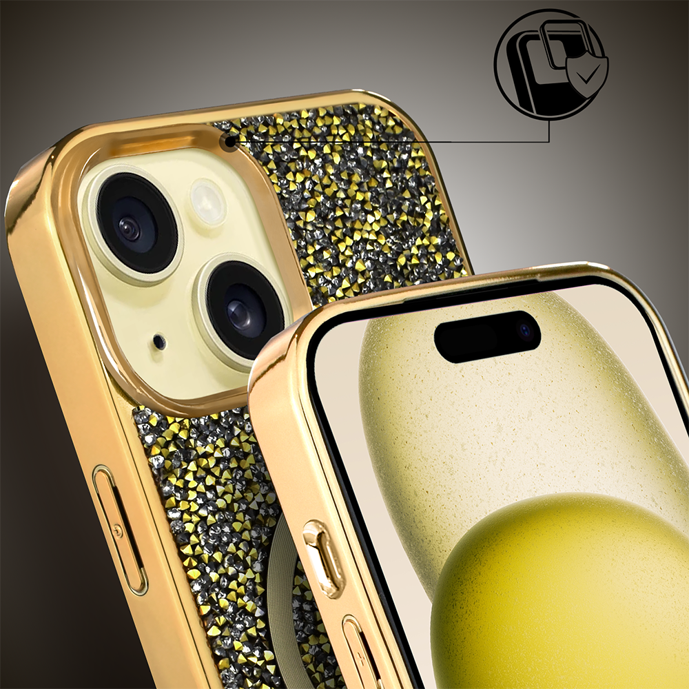 Etui do iPhone 15 MagSafe Tresury Case, diamentowe, z błyszczącą ramką, złote (4)