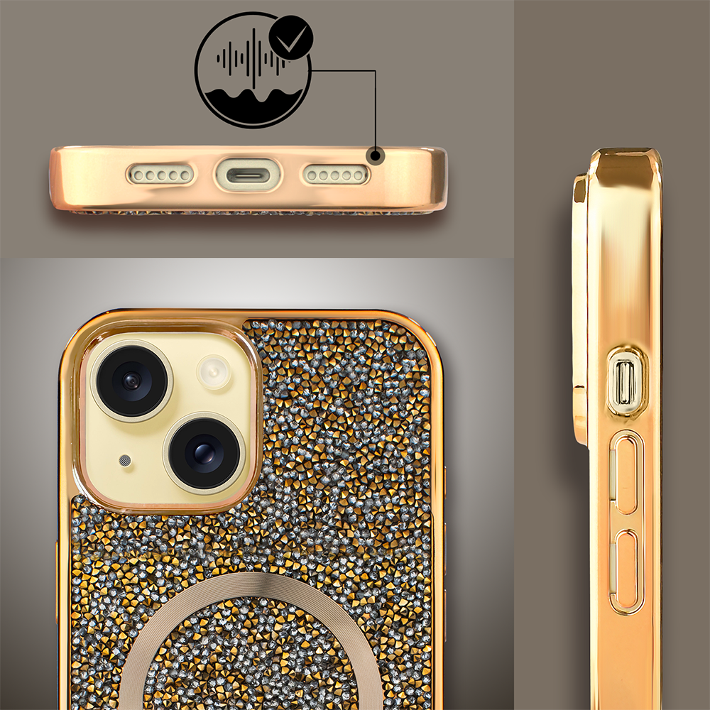 Etui do iPhone 15 MagSafe Tresury Case, diamentowe, z błyszczącą ramką, złote (5)