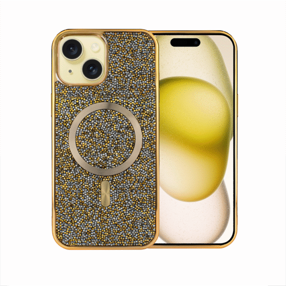 Etui do iPhone 15 MagSafe Tresury Case, diamentowe, z błyszczącą ramką, złote (7)