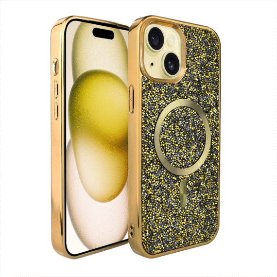 Etui do iPhone 15 MagSafe Tresury Case, diamentowe, z błyszczącą ramką, złote (8)
