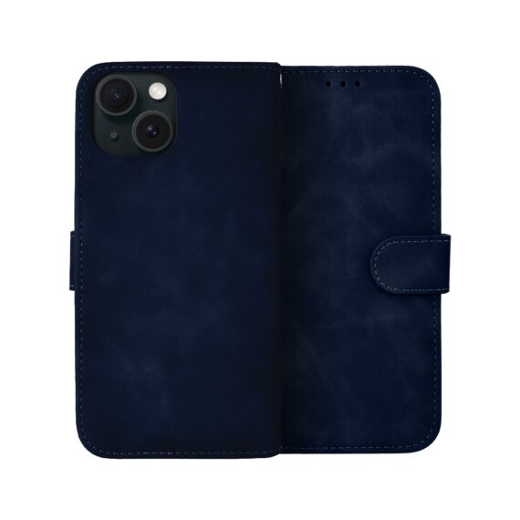 Etui do iPhone 15 książkowe Velvet Touch, aksamitne, portfelowe z zamknięciem, granatowe (1)