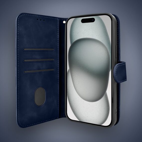 Etui do iPhone 15 książkowe Velvet Touch, aksamitne, portfelowe z zamknięciem, granatowe (2)